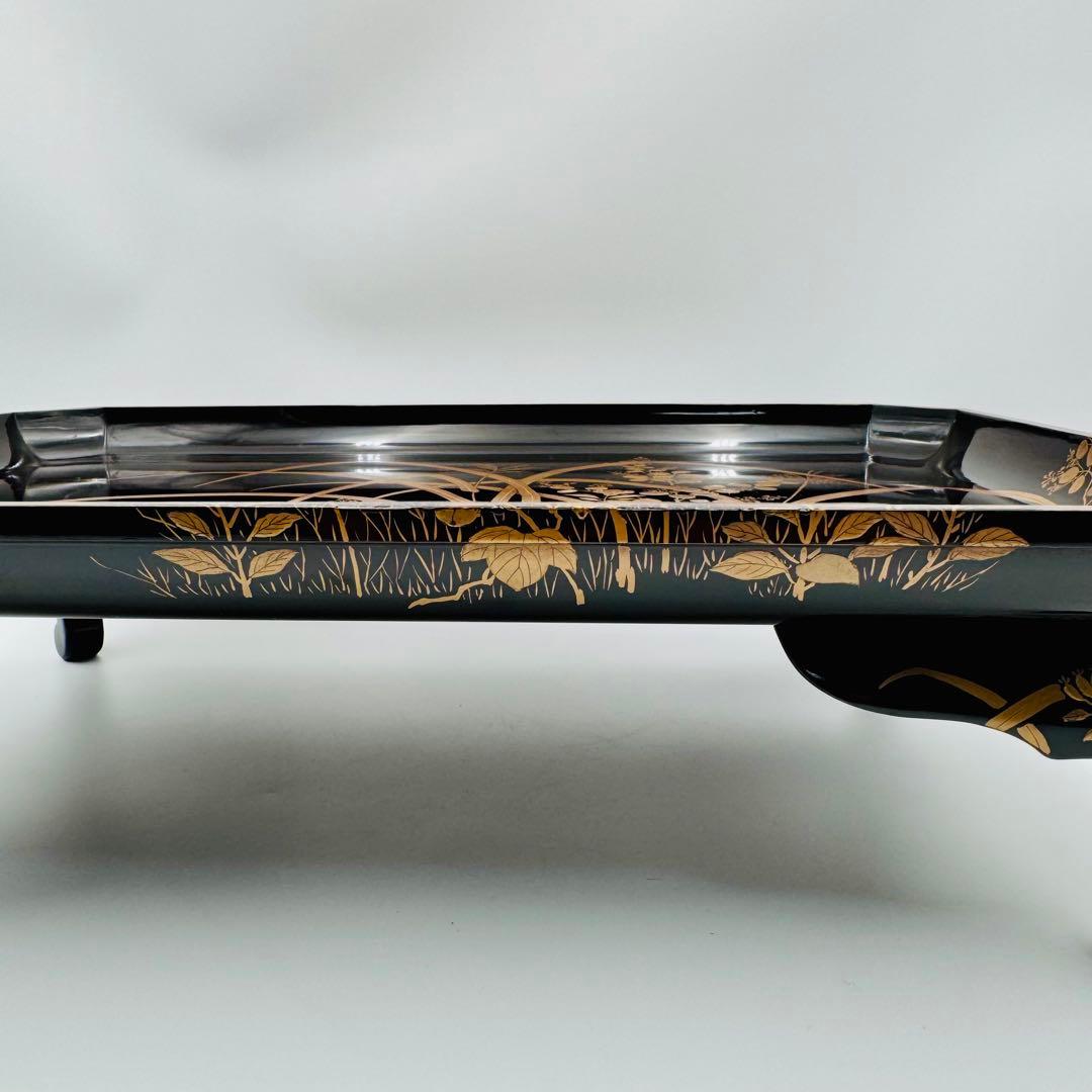 【長野横笛　黒箪花蒔絵香盆　膳　卓】漆芸　木箱　伝統工芸　明治　京漆器　秋草