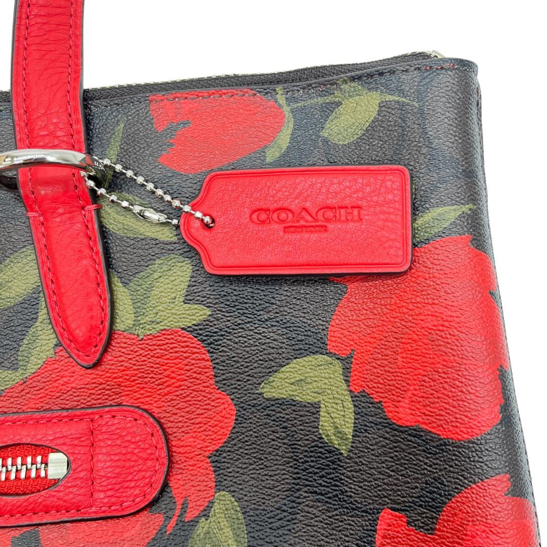 COACH コーチ トートバッグ シグネチャー ローズプリント 赤花 レッド系