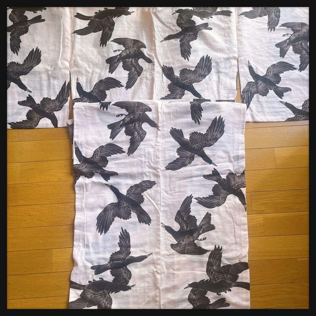 希少 老舗 京都 岡重 八咫烏 綿 絽 ピンク カラス 浴衣 和装 高級ゆかた