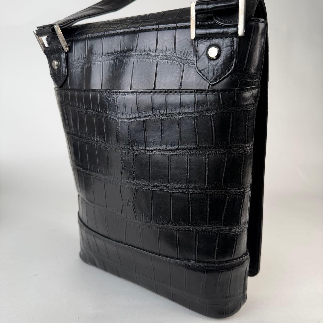 【未使用級】JRA認定 クロコダイル マット ショルダーバッグ 被せ ブラック