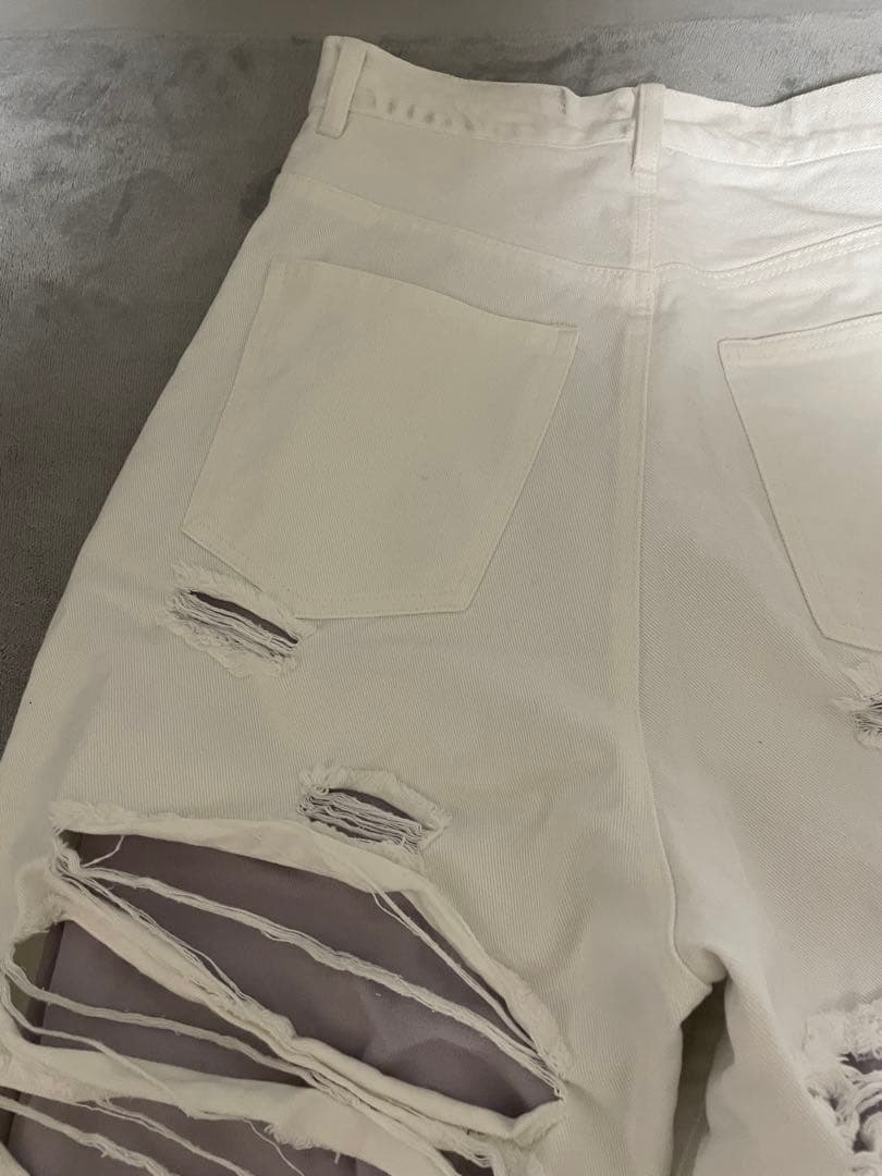 GRANCYスウェットドッキングデザインダメージバギーデニムパンツ ホワイト