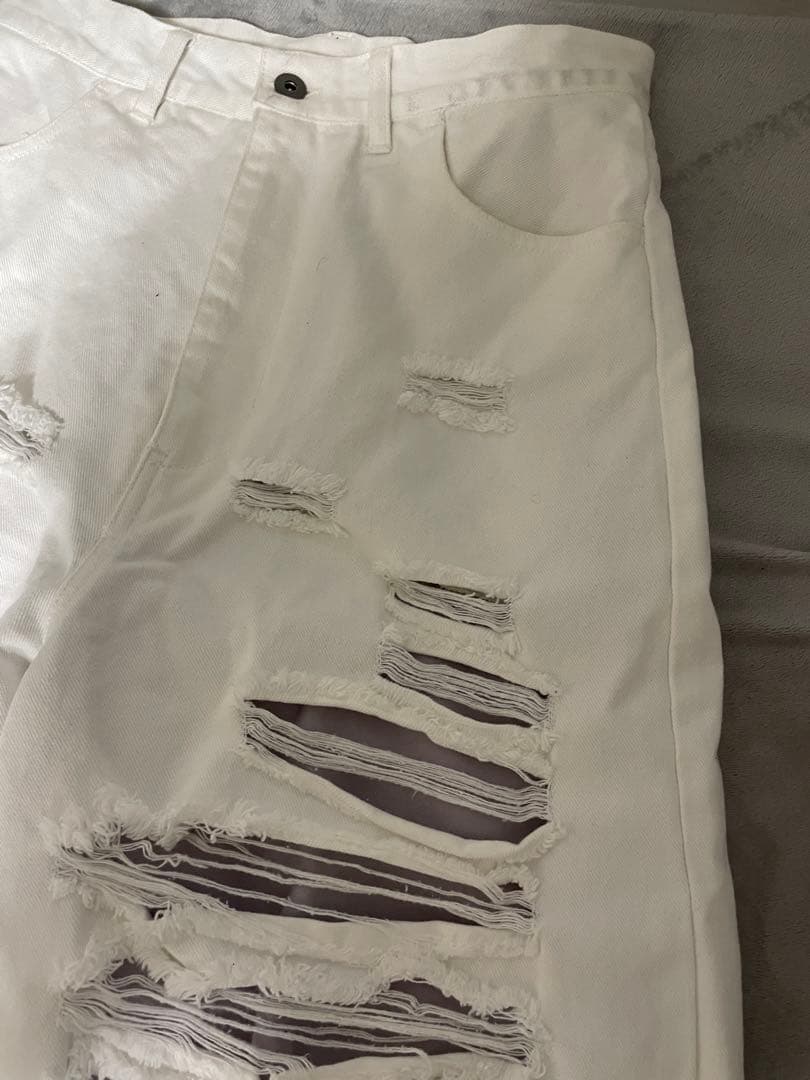 GRANCYスウェットドッキングデザインダメージバギーデニムパンツ ホワイト