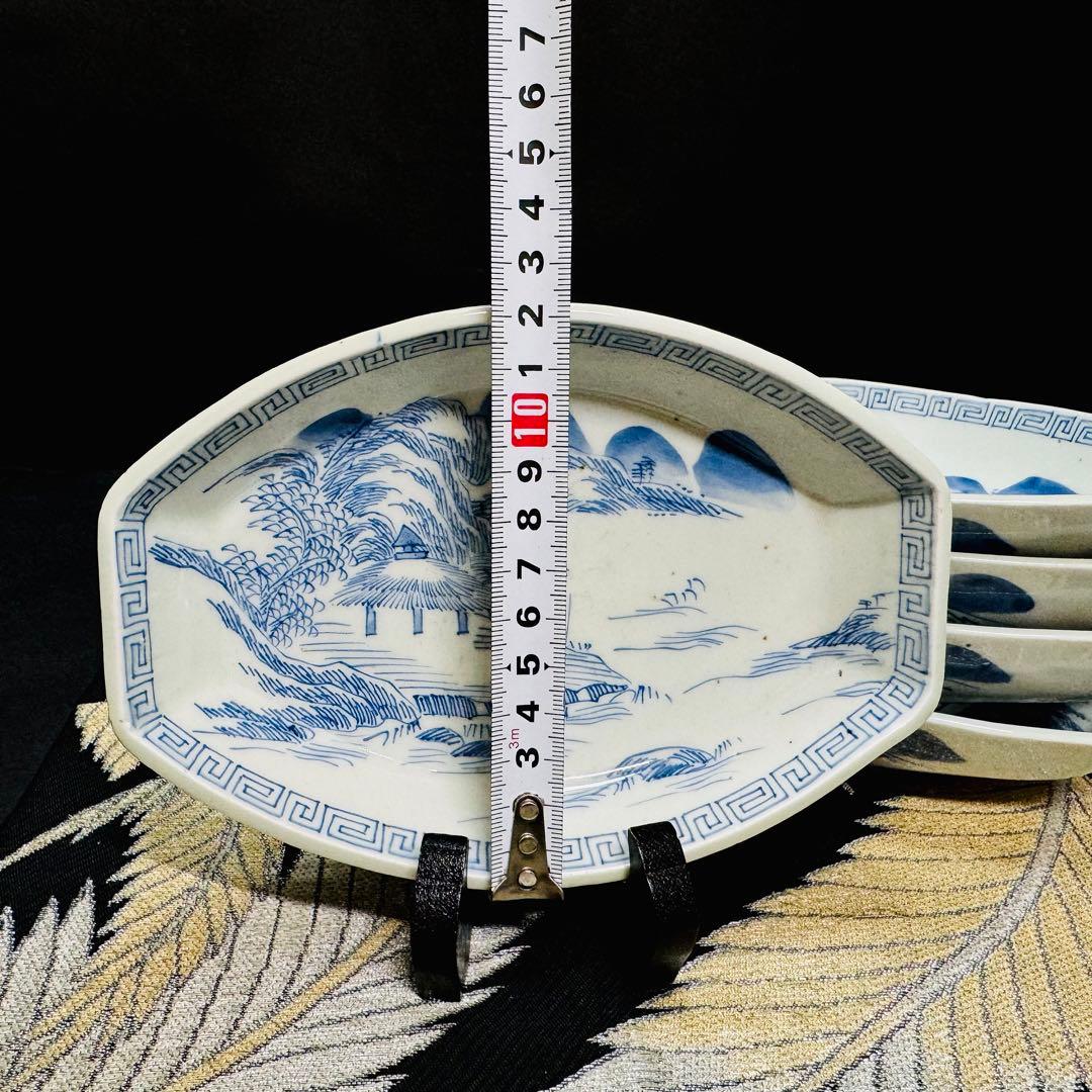 有田焼　古伊万里　染付山水絵　船形　皿　 5客　江戸期　時代物