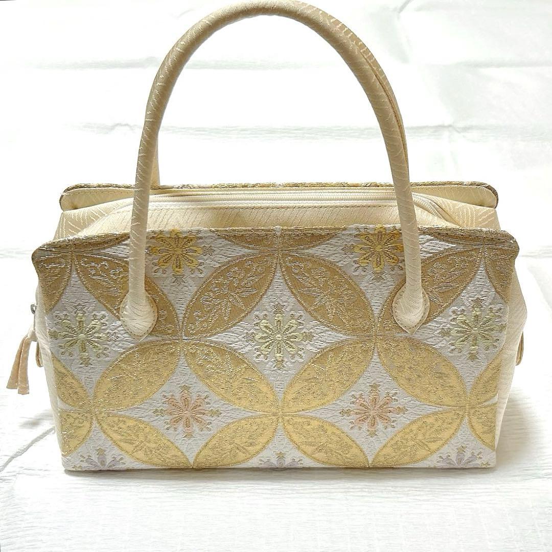 利休バッグ　七宝　正絹　金糸　アイボリー　クリーム系　美品