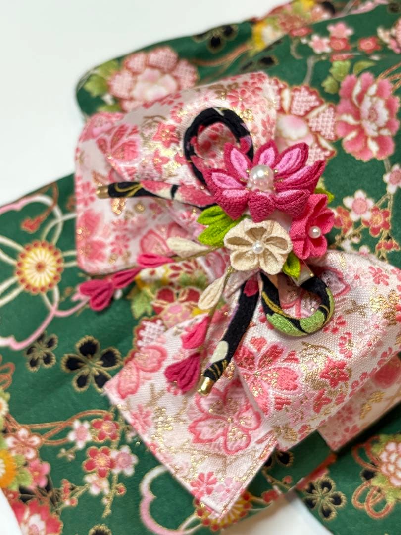 ★新作★完成品☆犬服☆つまみ細工帯飾り付き 犬用着物Sサイズ女の子 華 グリーン