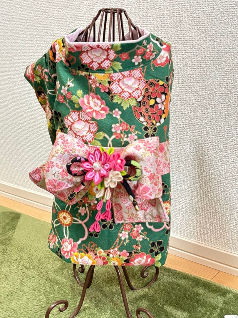 ★新作★完成品☆犬服☆つまみ細工帯飾り付き 犬用着物Sサイズ女の子 華 グリーン