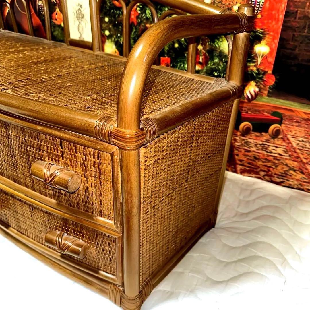 【即決】高価ラタン製　ベンチ型チェスト　収納付きレトロベンチ 安定感抜群〇
