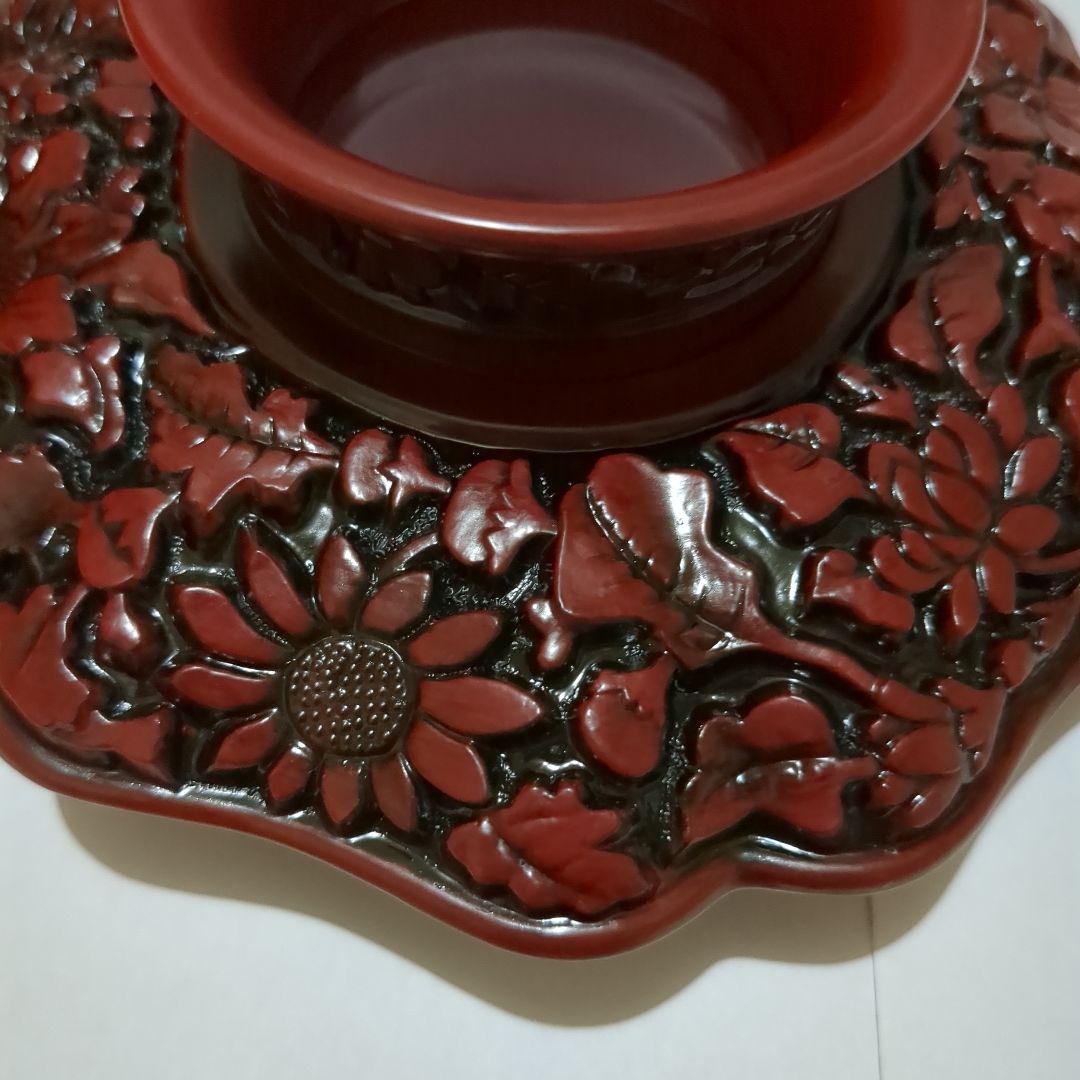 天目台　茶道　お茶の稽古 天目茶碗用　茶椀　えんじ色　彫り物