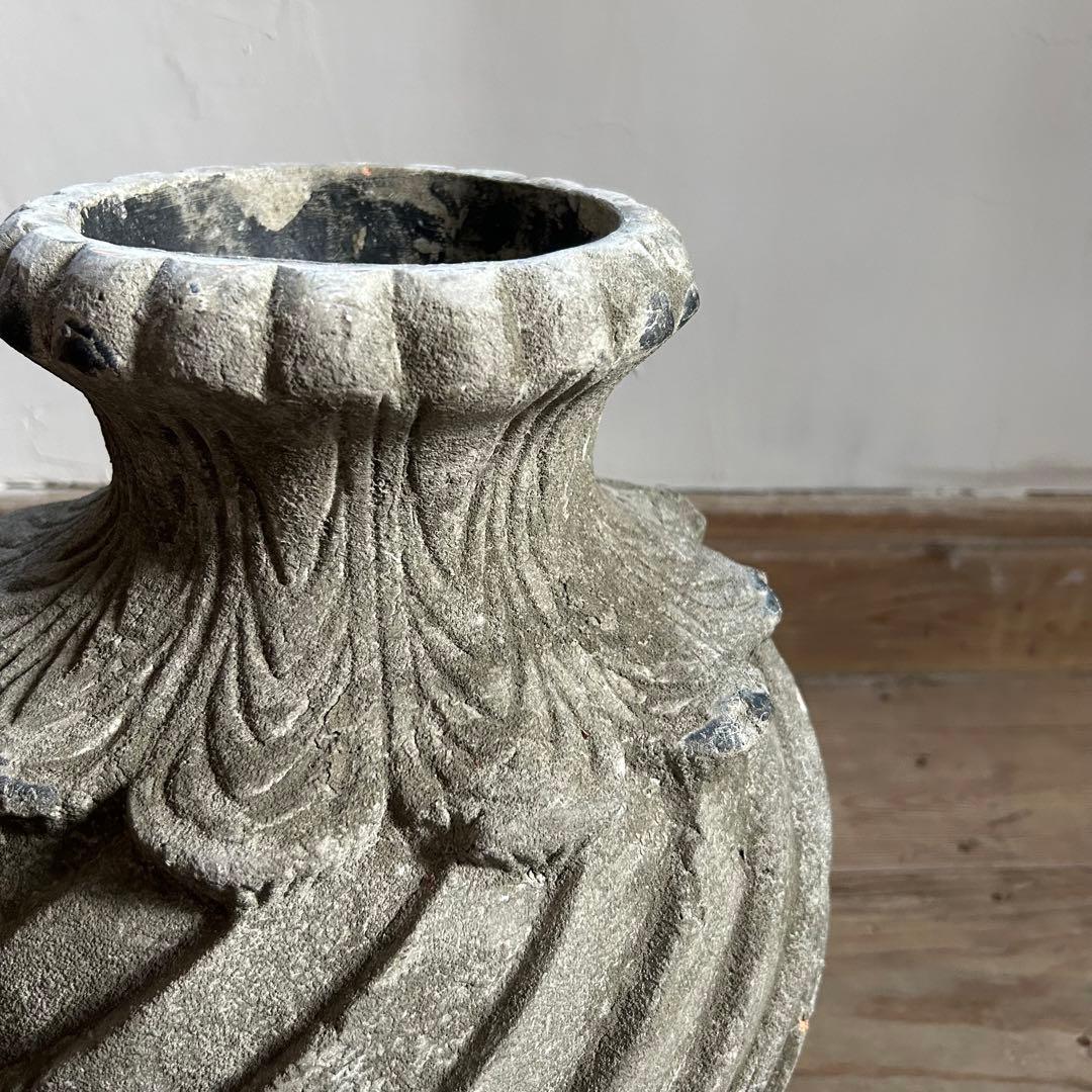 フランスアンティーク 花器 鉢植え 大型ストーンポット 螺旋模様　高さ47.5