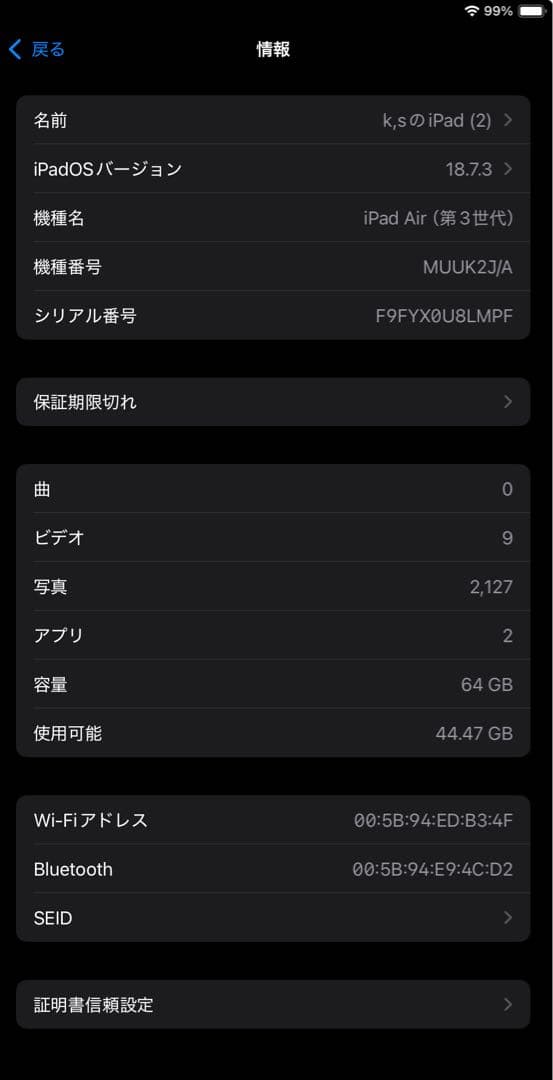 Apple iPad Air 第三世代シルバー バッテリー100%