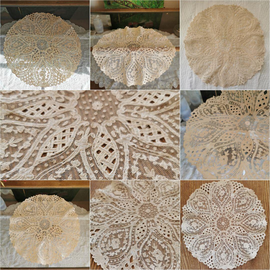 アンティーク キャリックマクロスレース 花と蓮 百合紋アップリケ 籠編みドイリー