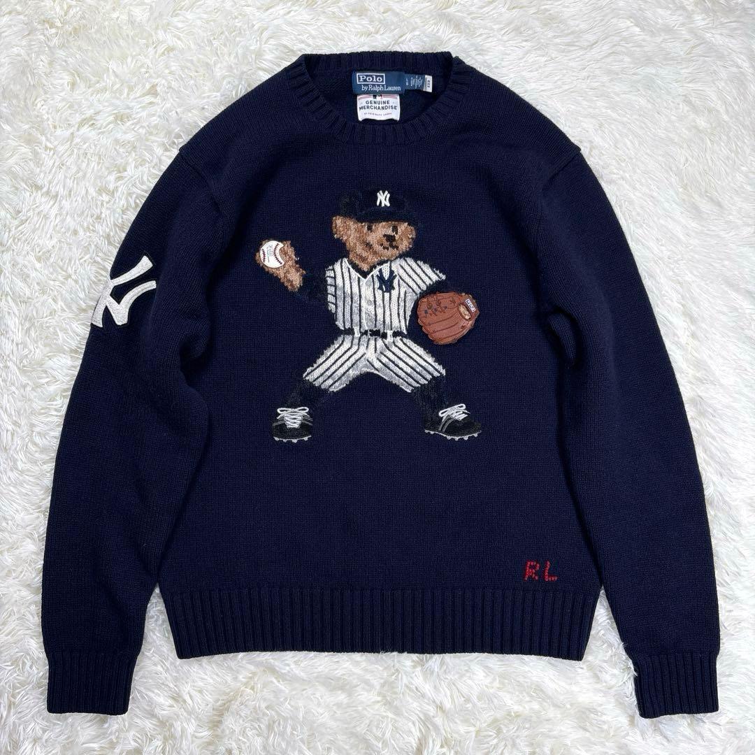 ✨MLBヤンキース✨ラルフローレン　ポロベア　ニット　セーター　ウール　紺　XL