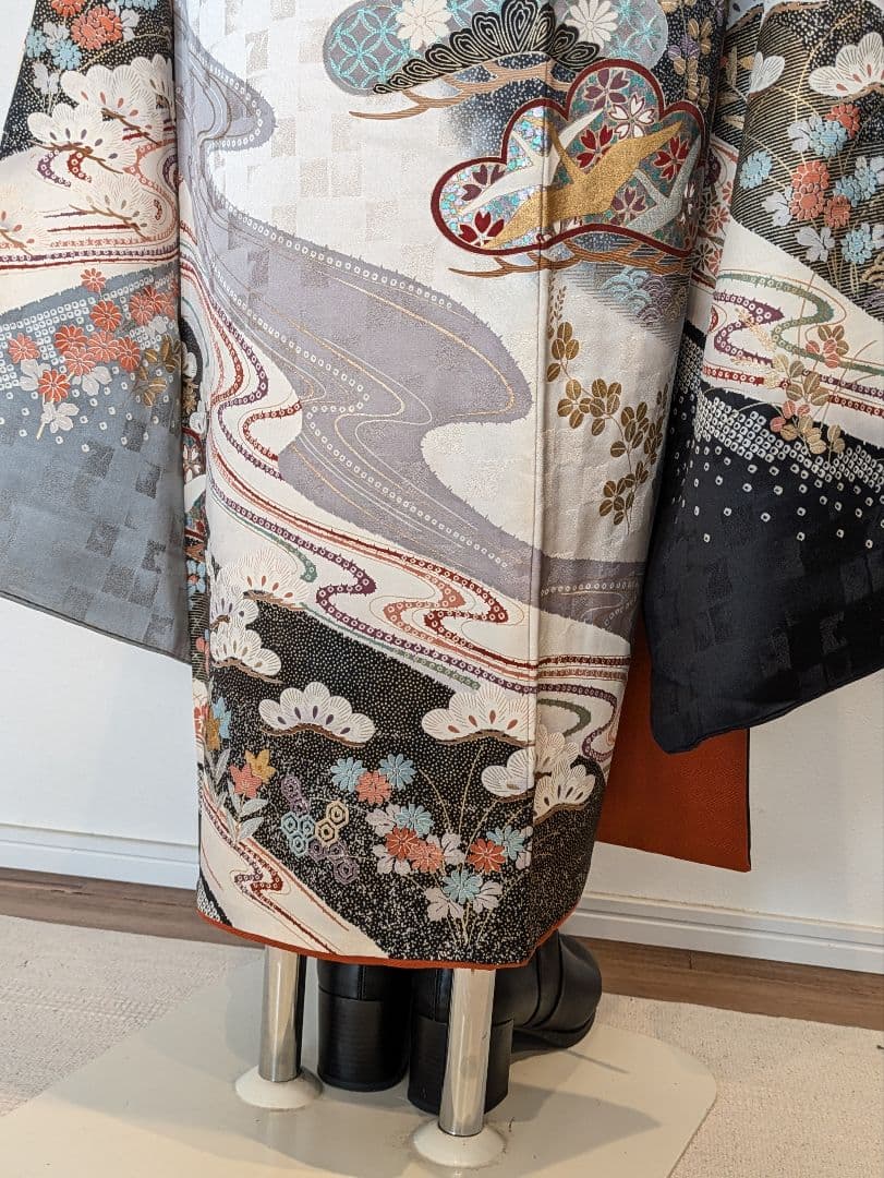 振袖フルセット 身丈155裄63 暈し染め 金銀彩 黒 グレー 逸品 成人式