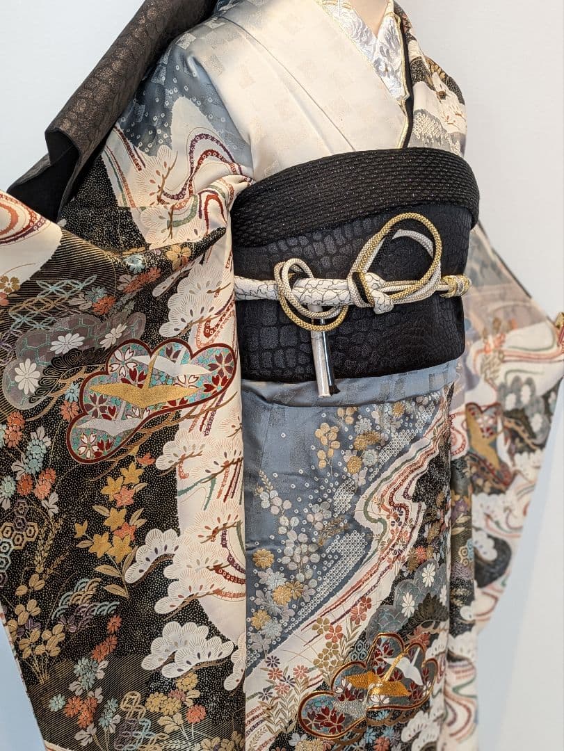 振袖フルセット 身丈155裄63 暈し染め 金銀彩 黒 グレー 逸品 成人式