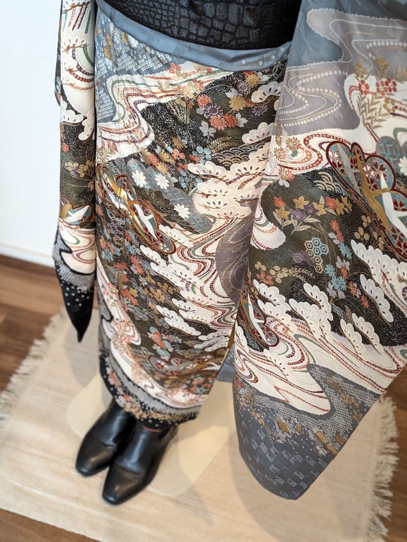 振袖フルセット 身丈155裄63 暈し染め 金銀彩 黒 グレー 逸品 成人式