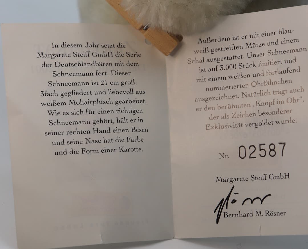 MAN 2001年 STEIFF ほうきを持ったスノウマン 21cm