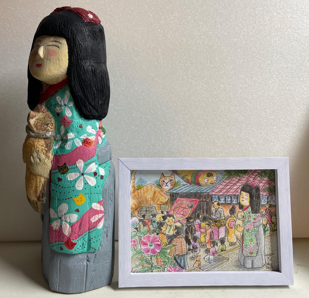 ま*み様 木製オリジナルこけしとオリジナル絵画セット（by ShuzSaya/絵