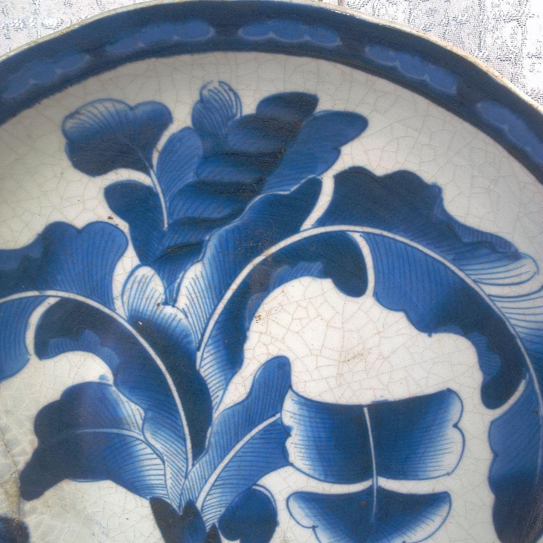 骨董６青い花柄の陶磁器平皿