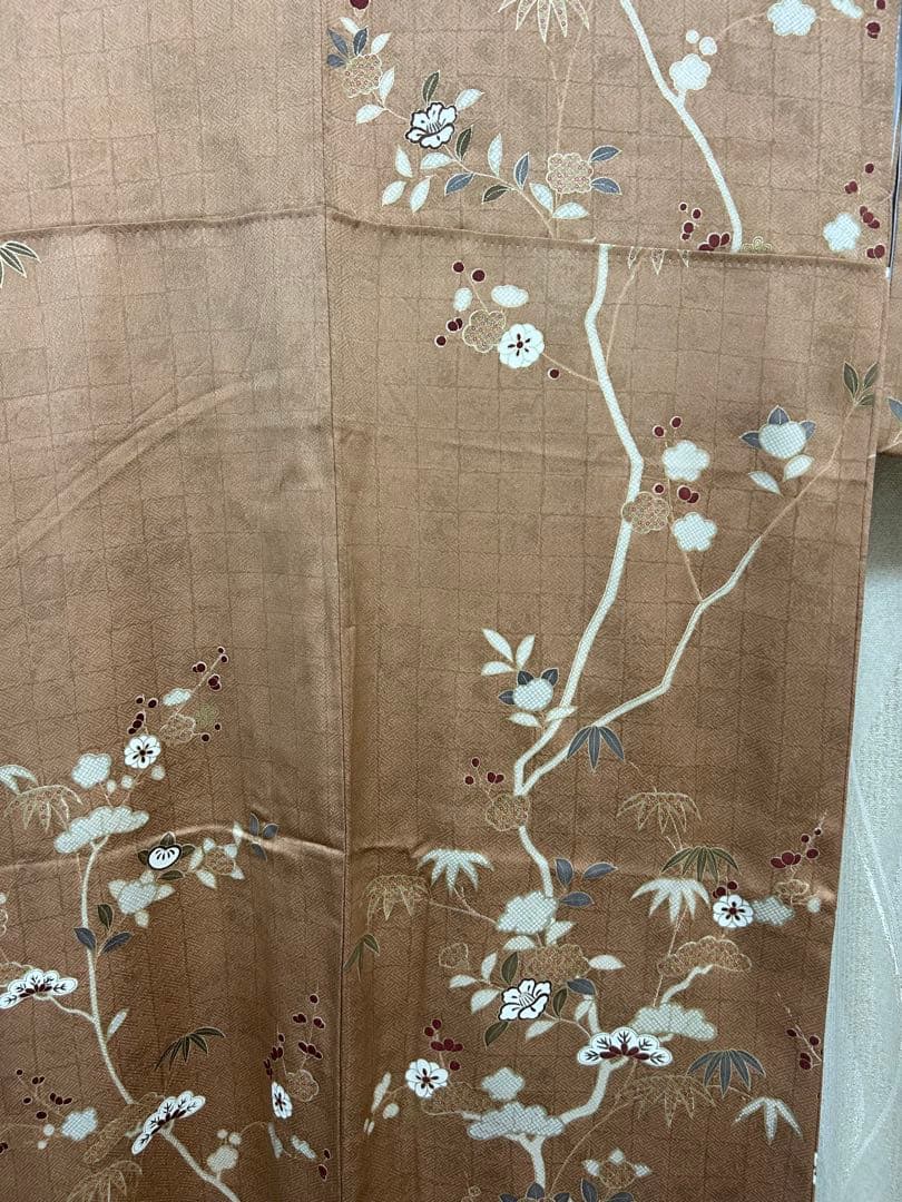 美品　訪問着のみ　ブラウン　希少S S サイズ　金刺繍　松竹梅　椿　パール加工済