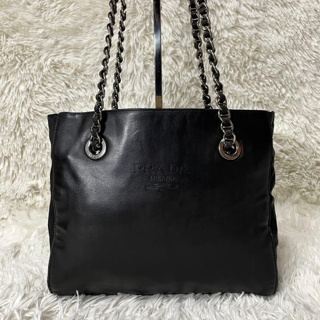 【美品】PRADA プラダ　ショルダーバッグ　レザー　チェーン　ブラック　肩掛け