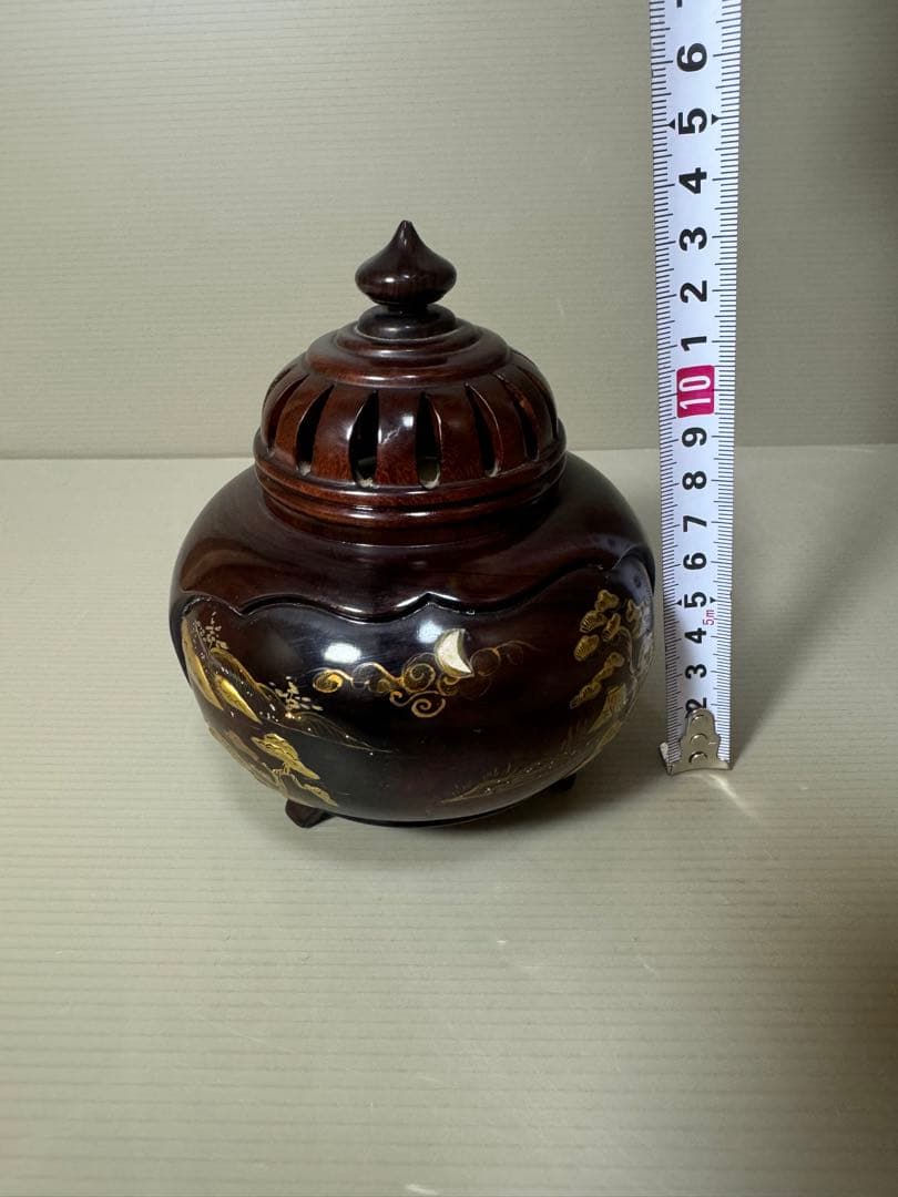 2164 雲龍作　本紫壇 金蒔絵 鳳凰　山水之図　香炉