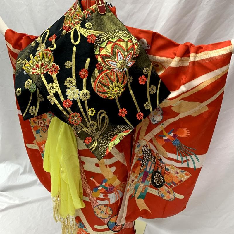 508ag94□七五三 七歳 女児 着物&袋帯 金彩 鳳凰 鼓 赤□状態良好