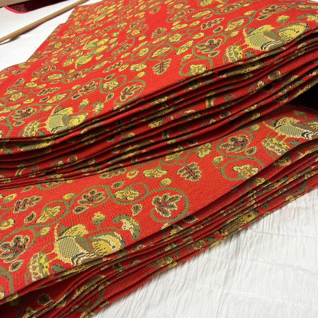 龍村美術織物-名古屋帯-赤￼地鴛鴦唐草柄￼