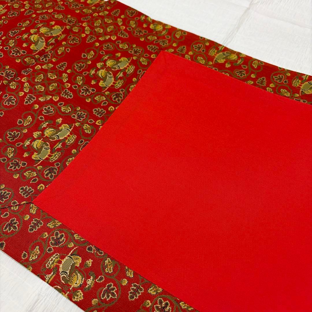 龍村美術織物-名古屋帯-赤￼地鴛鴦唐草柄￼