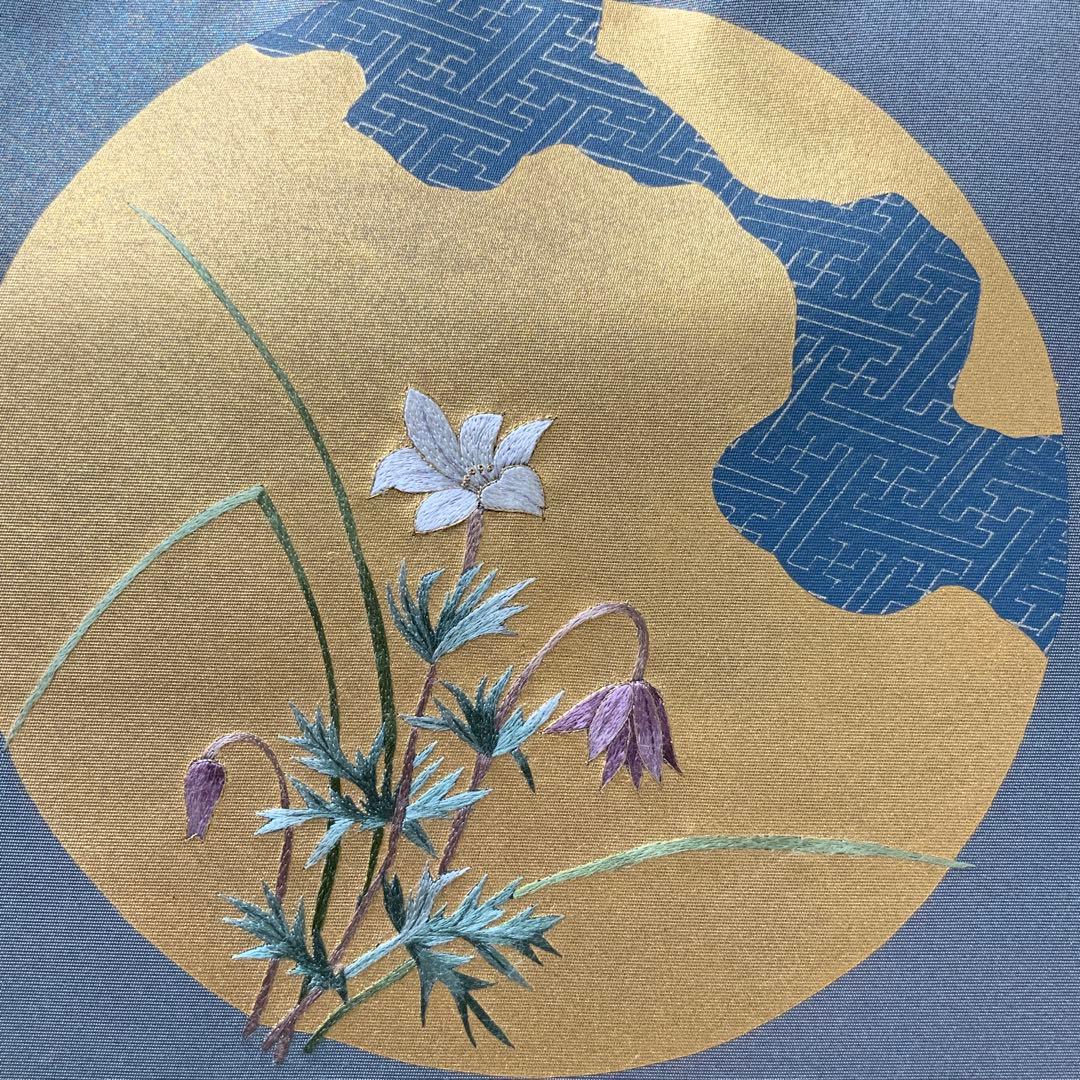 金色の満月に刺繍のお花　帯　リメイク　胡桃皮ハンドルバッグ