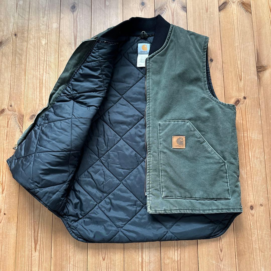 カーハート【L】 00s USA製 ダックベスト モスグリーン　極上フェード
