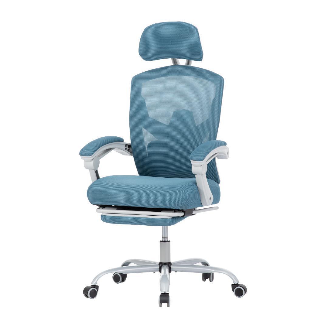 オフィスチェア 事務所チェア リクライニング機能 足載せ付き 【 ブルー】