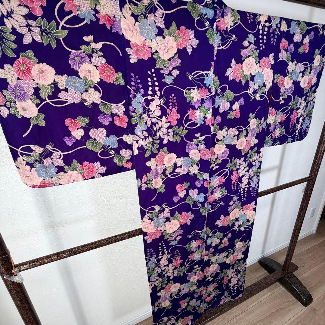超美品　正絹　袷　着物　小紋　和装 140 綿紗　縮緬　アンティーク　紫　ピンク