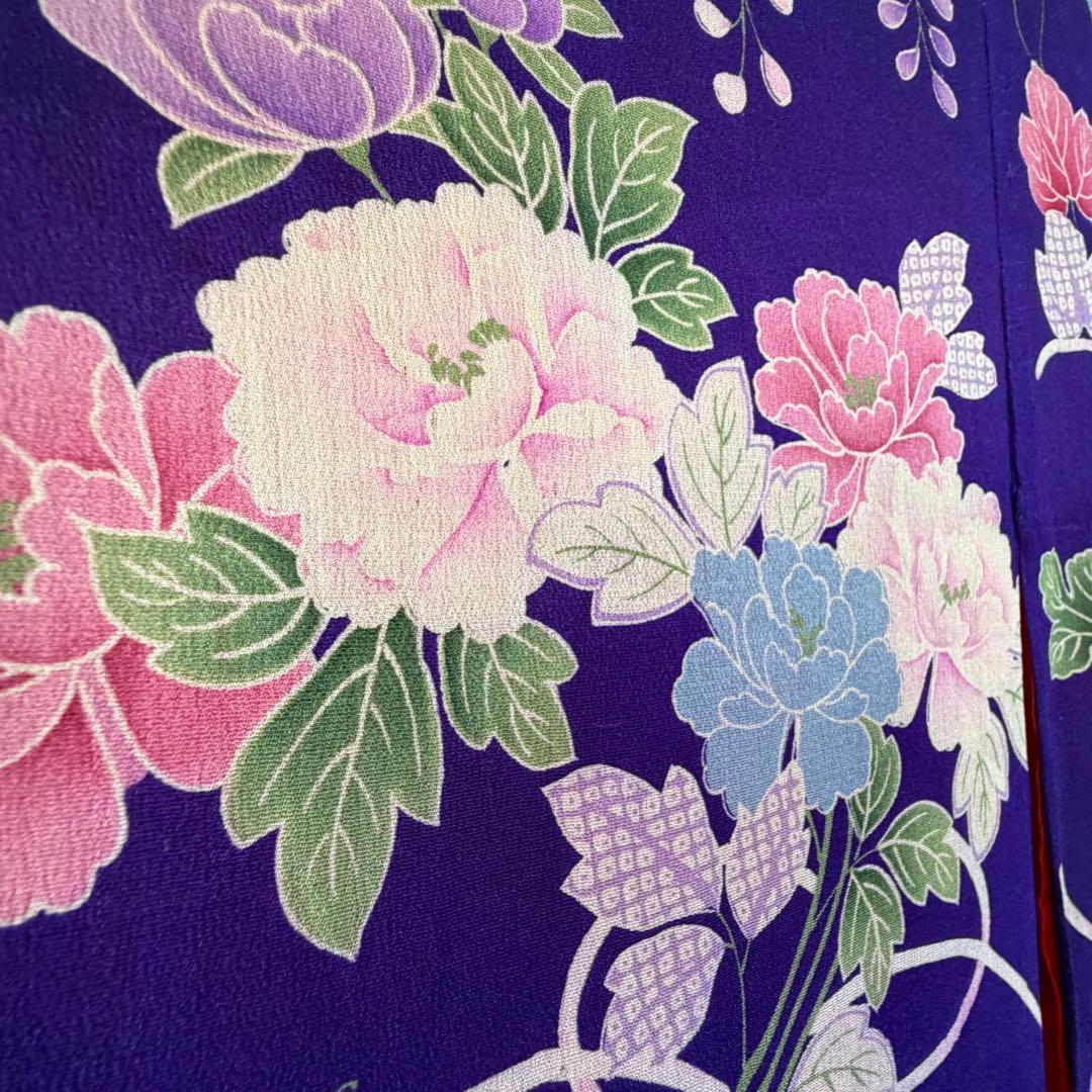 超美品　正絹　袷　着物　小紋　和装 140 綿紗　縮緬　アンティーク　紫　ピンク