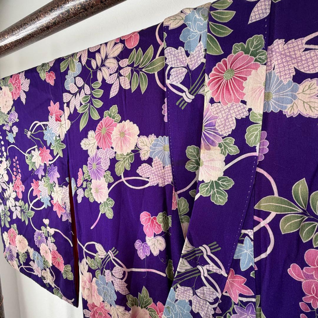 超美品　正絹　袷　着物　小紋　和装 140 綿紗　縮緬　アンティーク　紫　ピンク