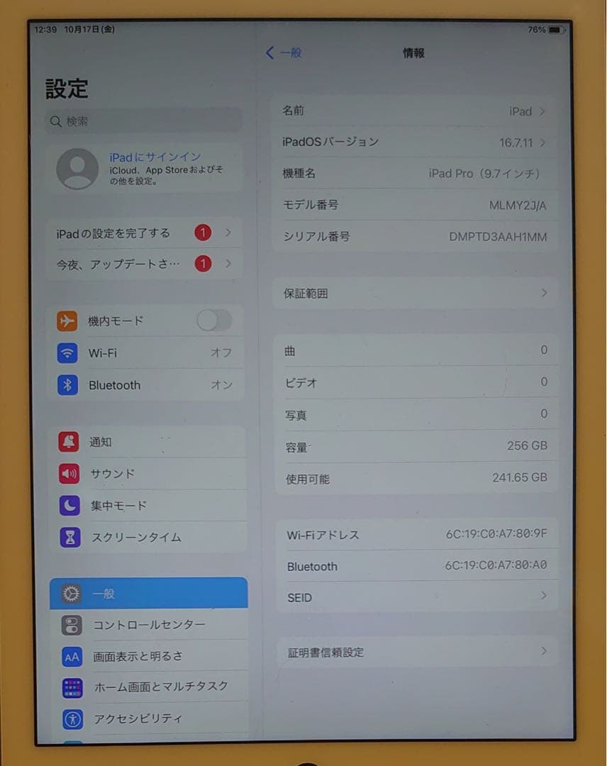 完動品iPad Pro9.7インチ(A1673)本体256GB送料込AH1MM