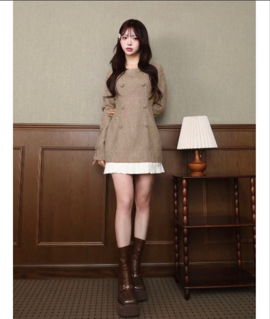 プリーツドッキングツイードミニワンピース