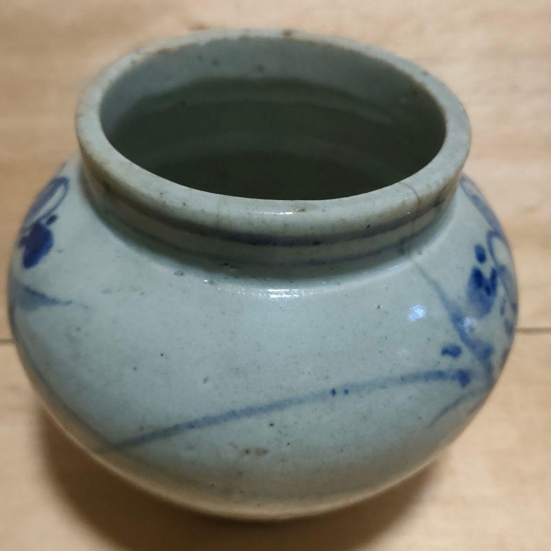 李朝染付壺　草花文　提灯壺　時代物　骨董No.162