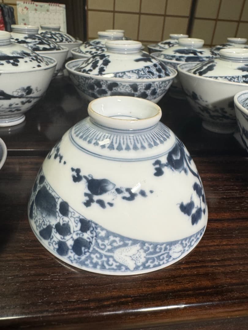 古伊万里 伊万里焼　染付総模様蓋付碗　19客　　江戸後期