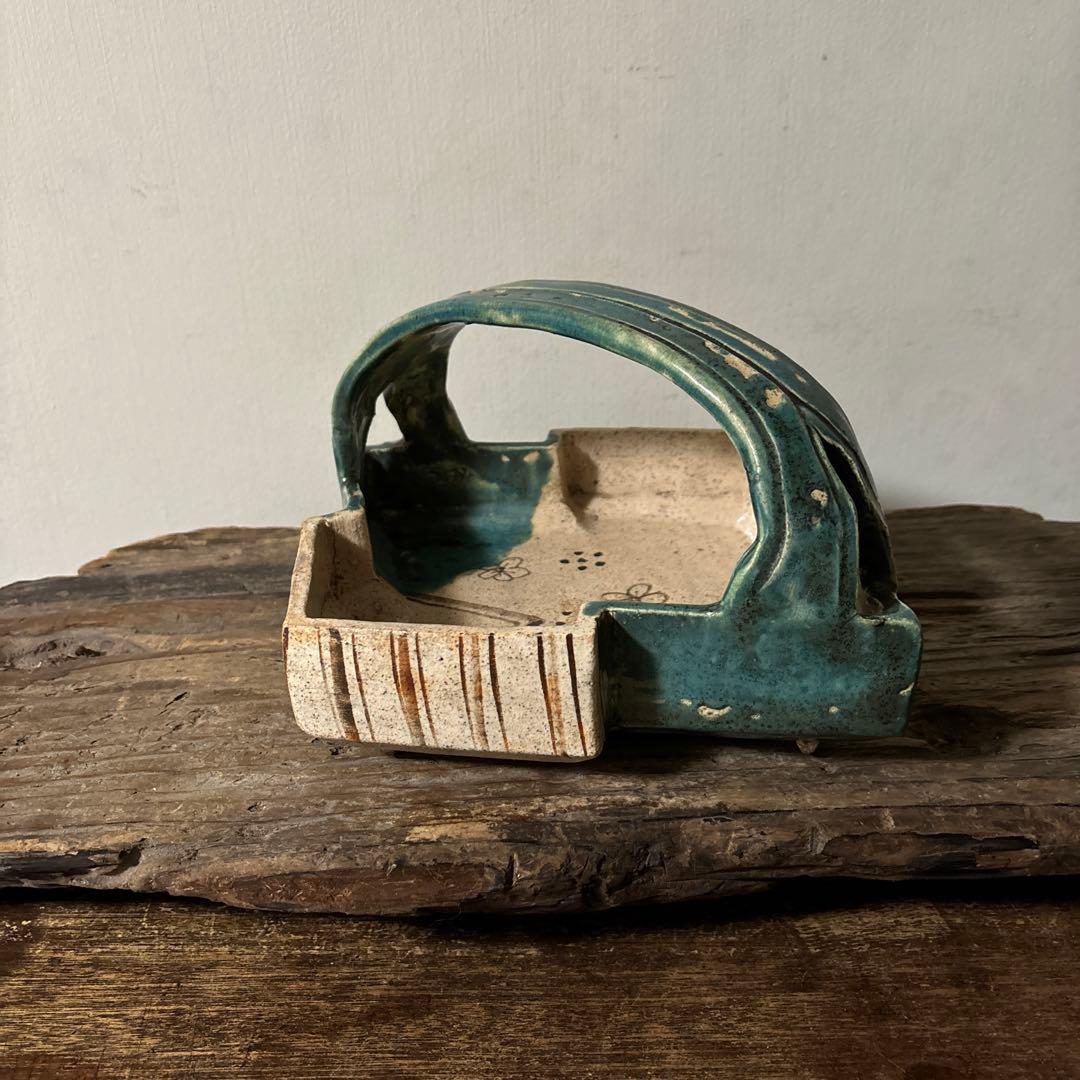 時代　織部松皮菱形手鉢　手付菓子鉢　懐石　瀬戸　志野　古美術　茶道具　検:李朝