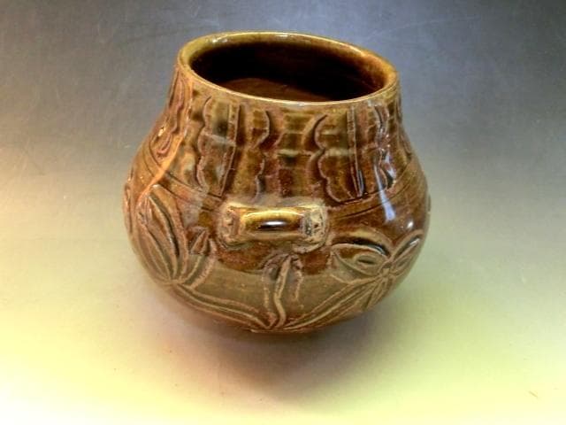 火入れ■飴釉耳付き瓶 古壺 壷 火器 唐草模様 置物 オブジェ 時代物 骨董品■