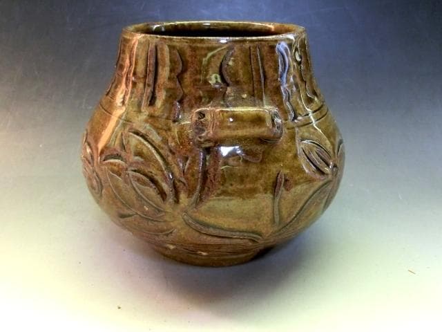 火入れ■飴釉耳付き瓶 古壺 壷 火器 唐草模様 置物 オブジェ 時代物 骨董品■