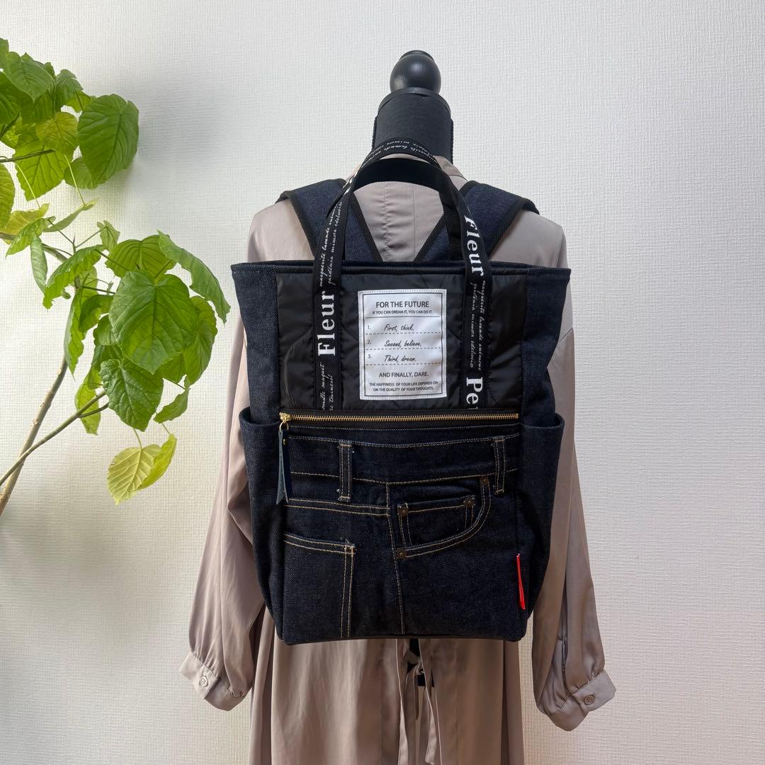 ☆デニムリメイク　ブラックひょうたんキルトとデニムのトートリュック☆