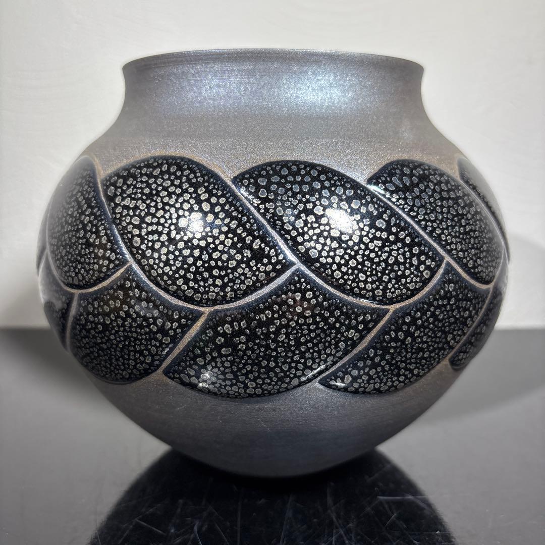 真作　希少作　久田重義　油滴三ッ編文花器