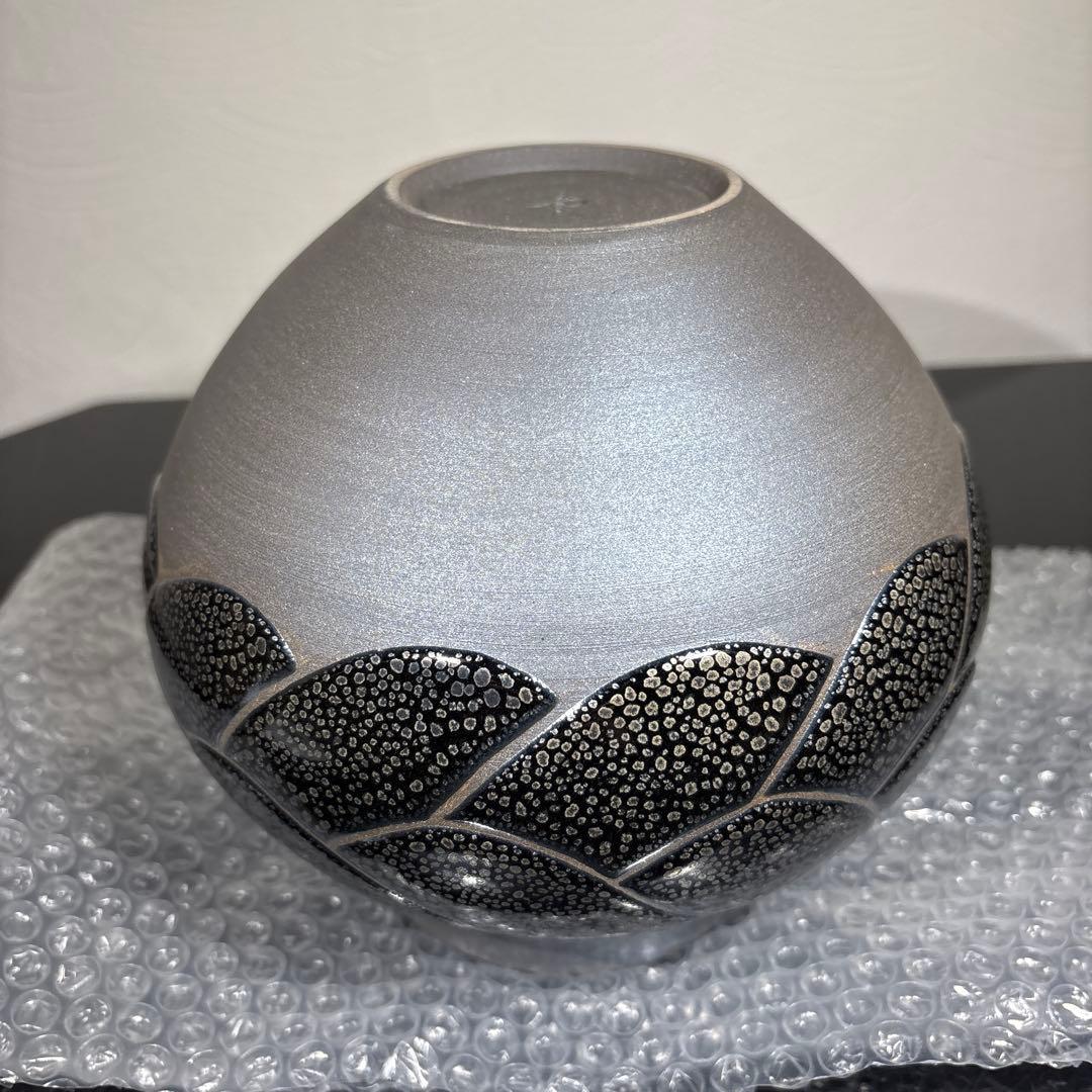 真作　希少作　久田重義　油滴三ッ編文花器