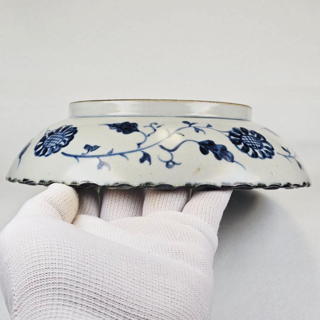 舶来古磁 青花染付 蘇麻離青釉 手絵 鳳紋花卉図 底海水紋 観賞皿 在銘