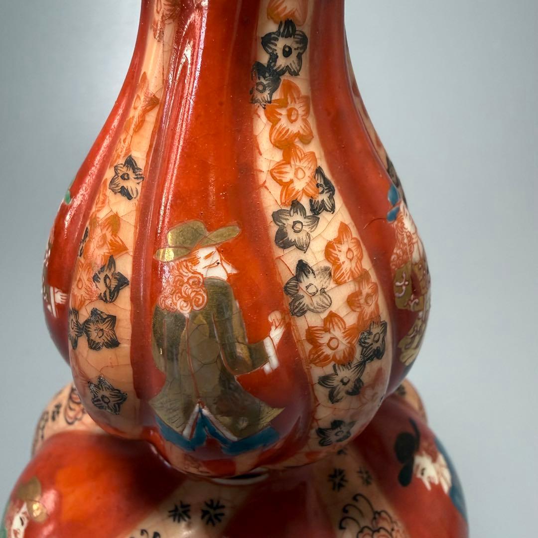 幕末〜明治期　アンティーク薩摩　異人図祥瑞瓢箪形花瓶　箱　布　里帰り品