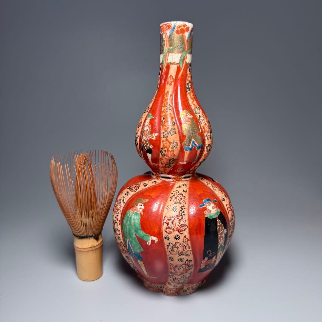 幕末〜明治期　アンティーク薩摩　異人図祥瑞瓢箪形花瓶　箱　布　里帰り品