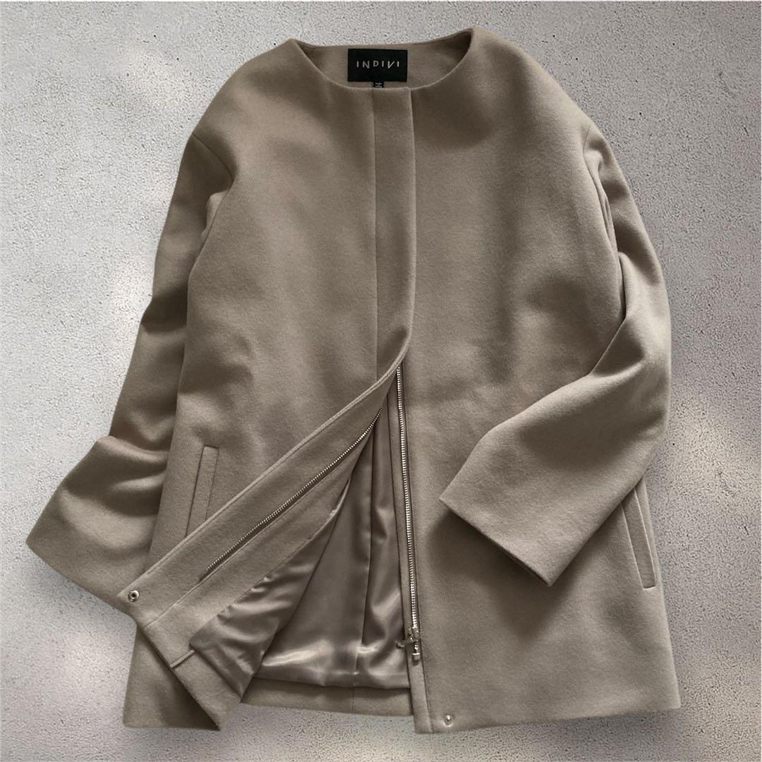 【美品】INDIVI 定価4.4万 2023AW ノーカラーコート ウール100