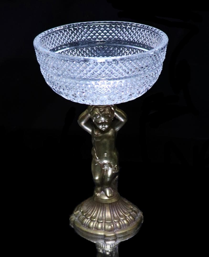 オールド・バカラ ブロンズ台座 天使の子供 切子大型コンポート ディアマン