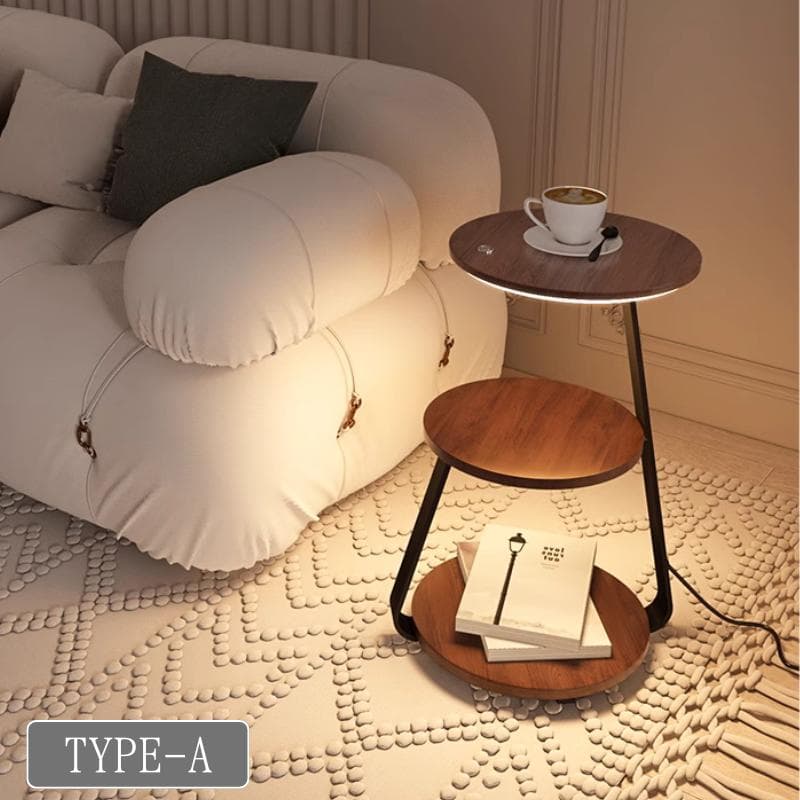 3段木製サイドテーブル 間接照明 ワイヤレス充電機能付き 天然木 完成品発送